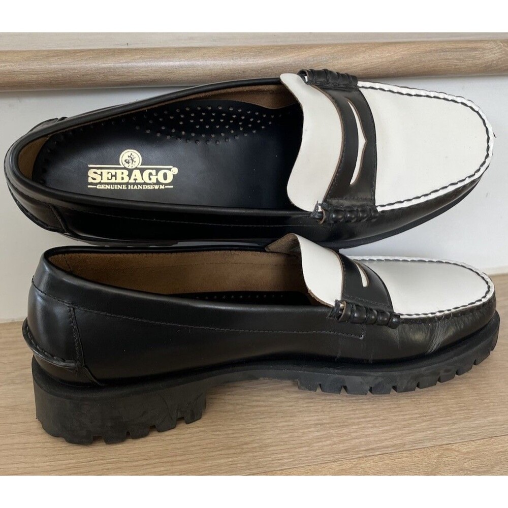 Sebago Classic Dan Leather Penny Loafers Mens Sz 9 Black White Quiet Luxury - Picture 6 of 14